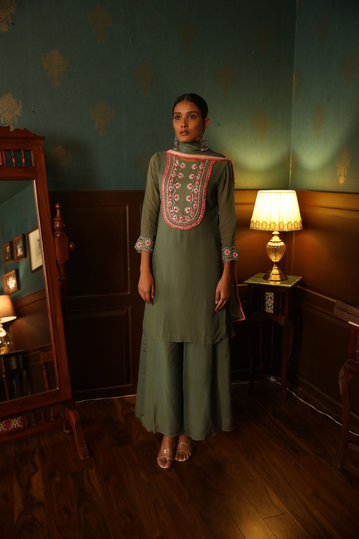 Deep olive straight kurta set