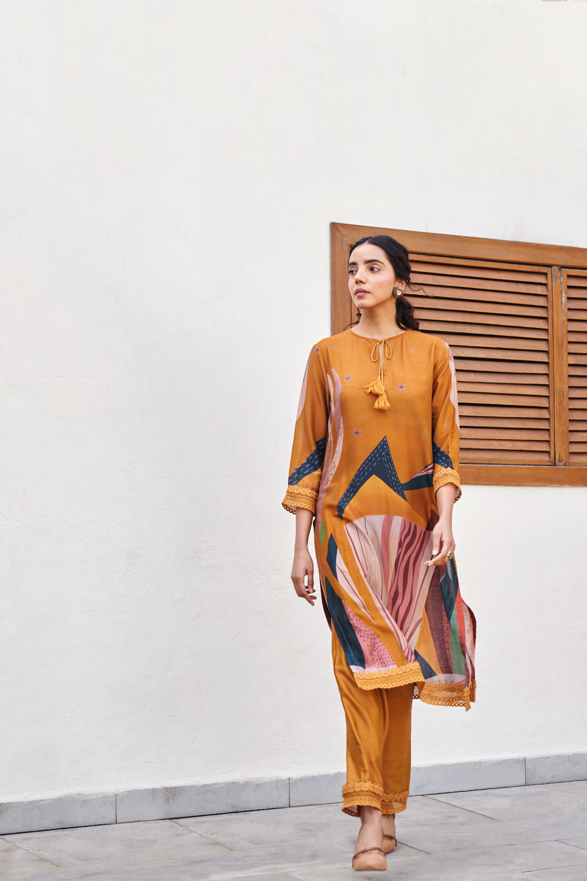 Mustard Yellow Abstract Print Kurta Set With Trousers