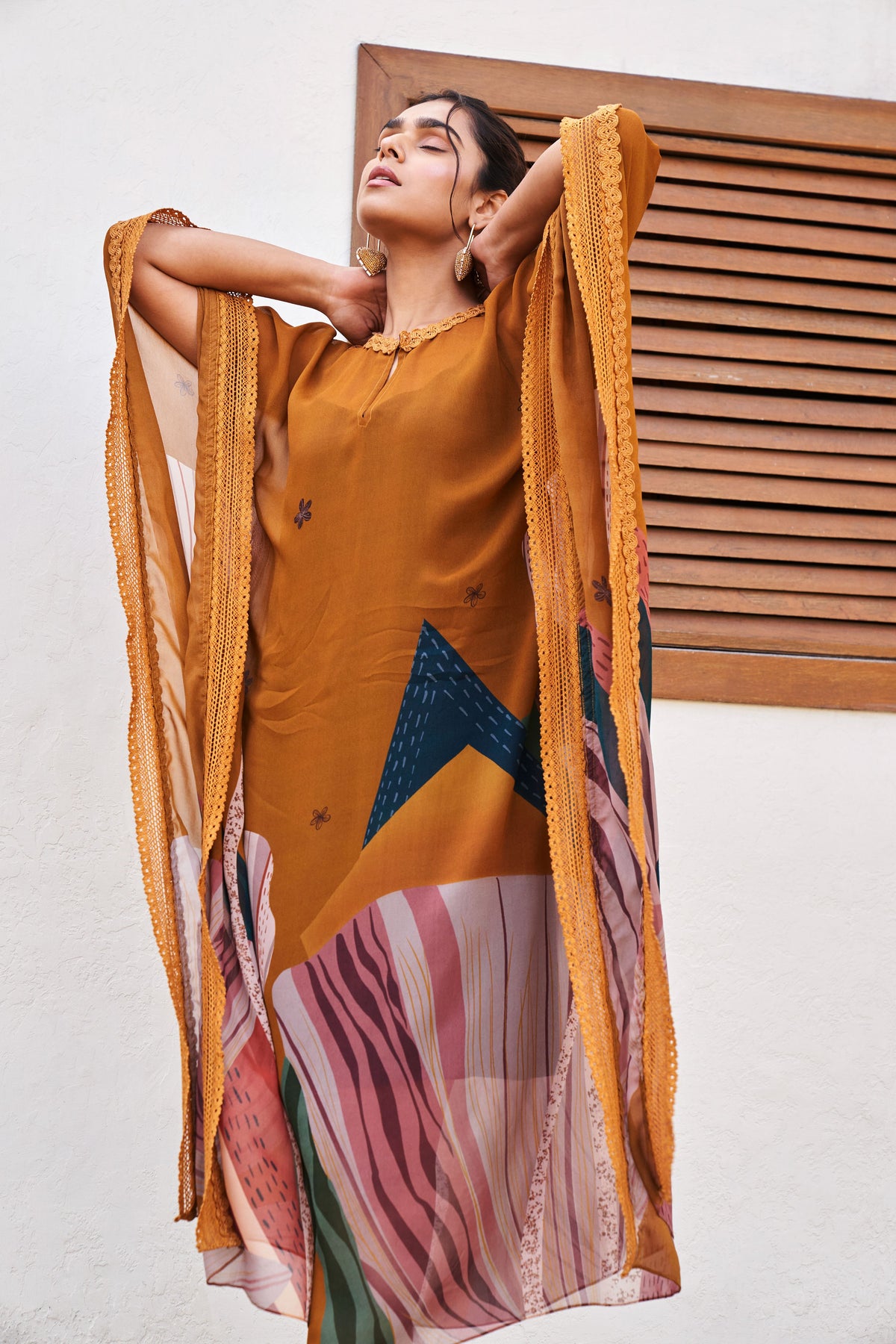 Mustard Yellow Abstract Print Long Kaftan