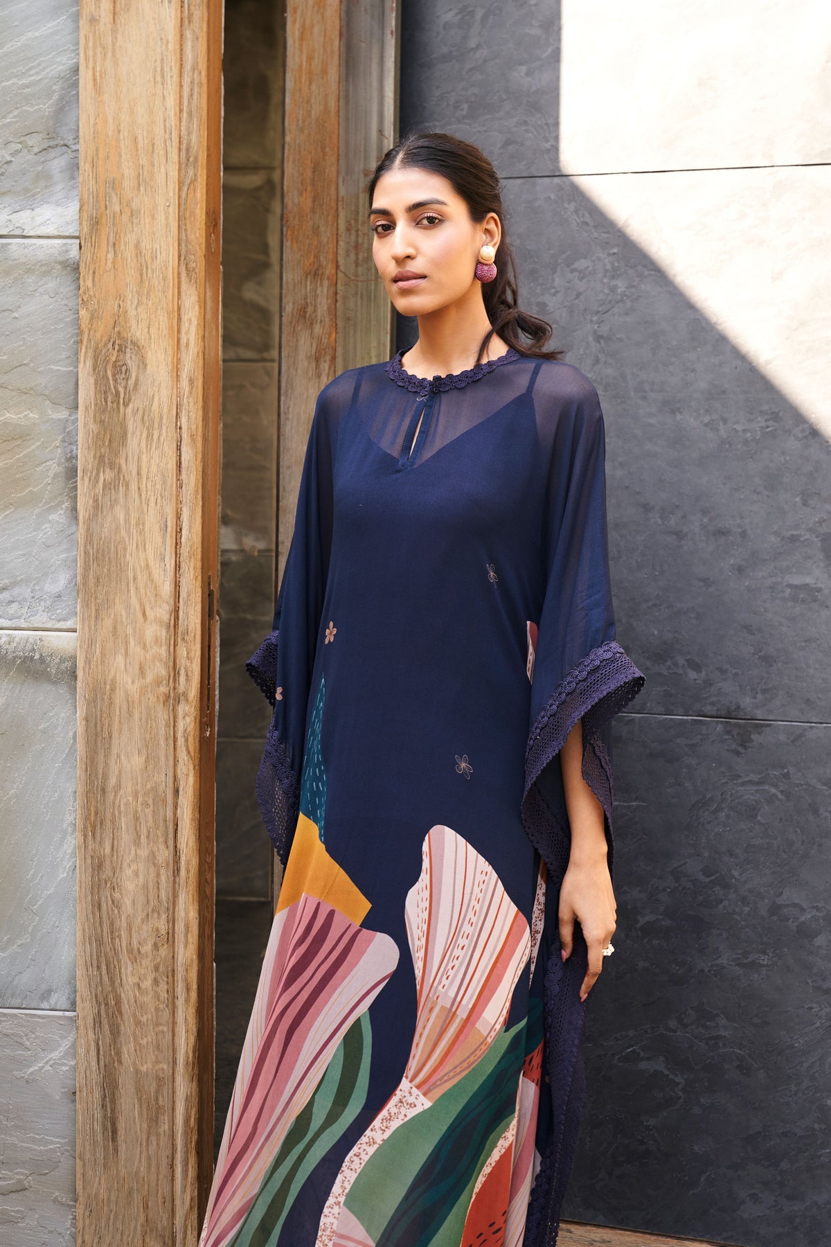 Midnight Blue Abstract Print Long Kaftan