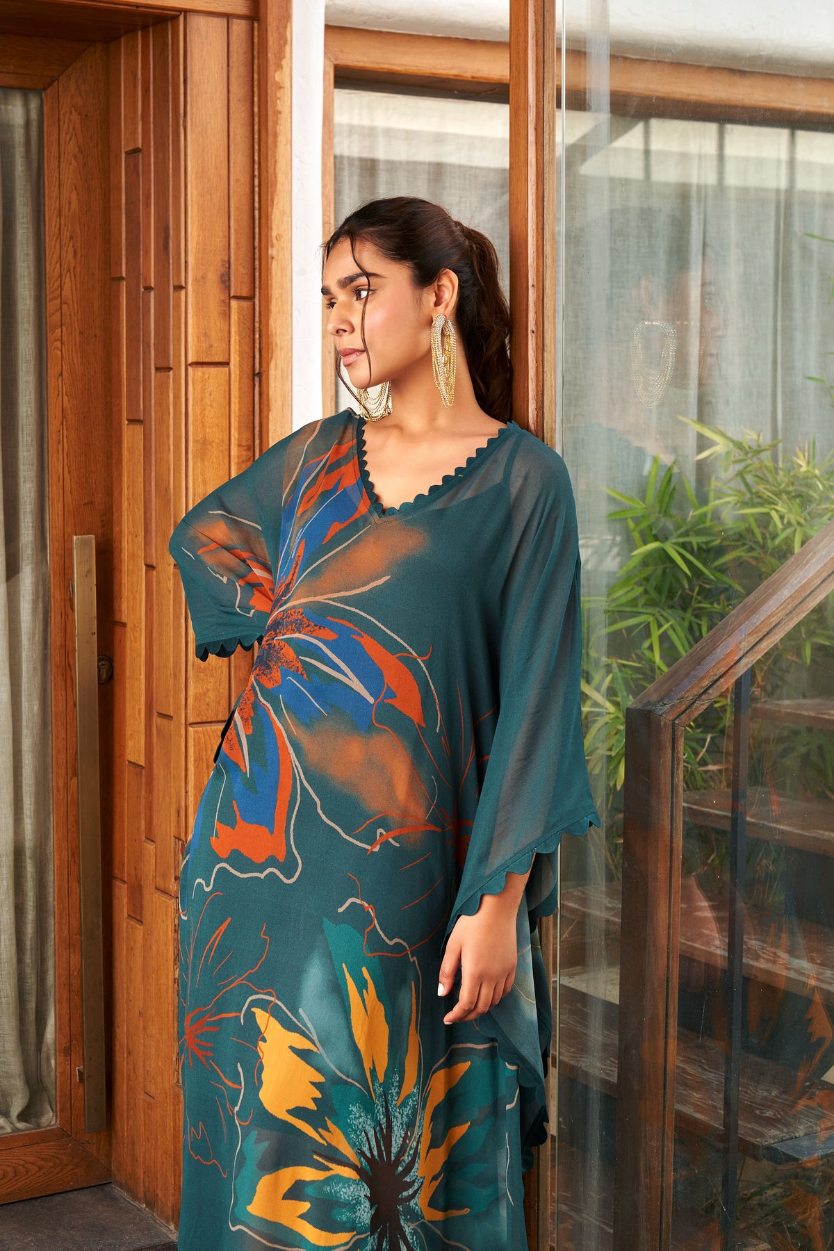 Summer Flower Teal Long Kaftan