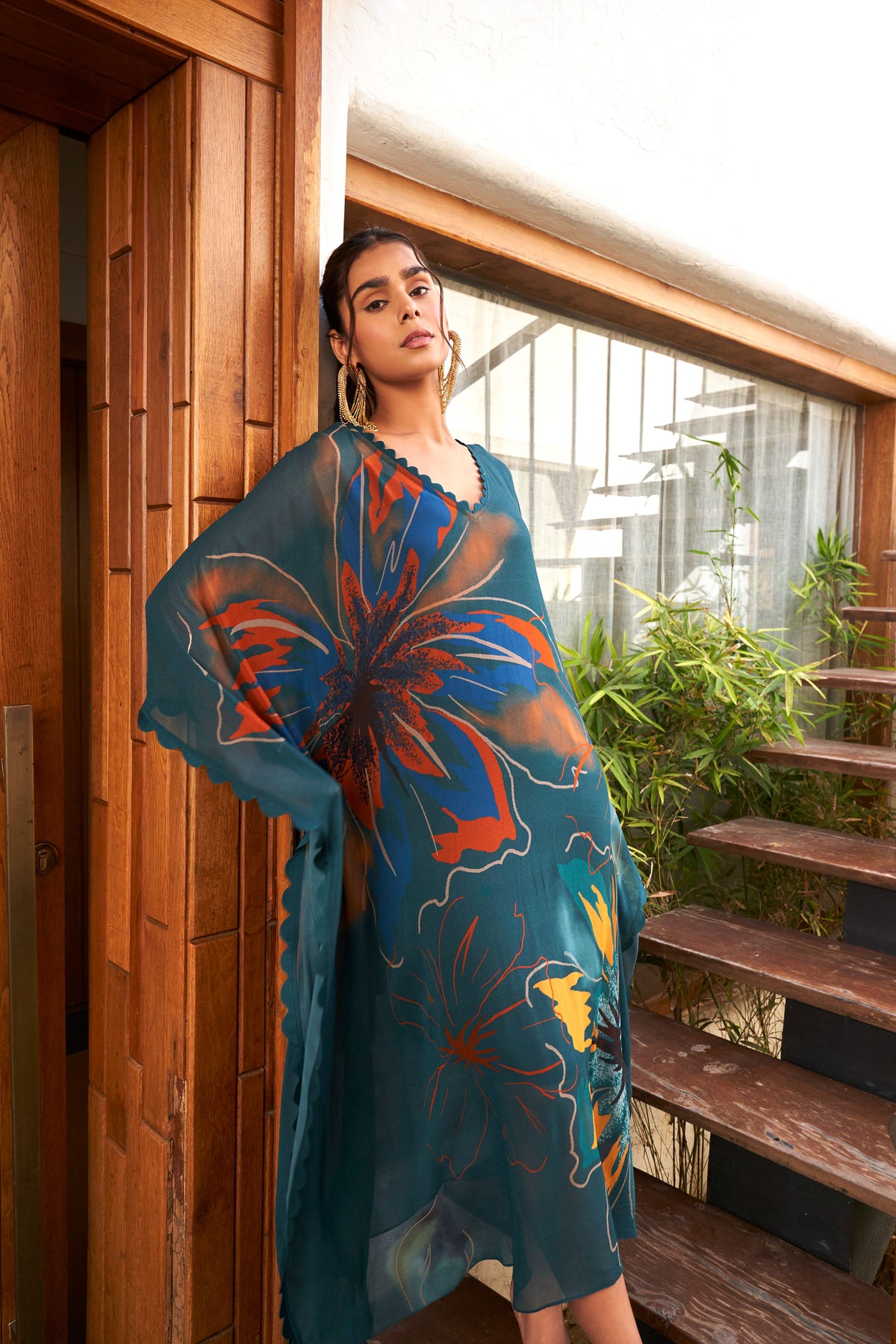 Summer Flower Teal Long Kaftan