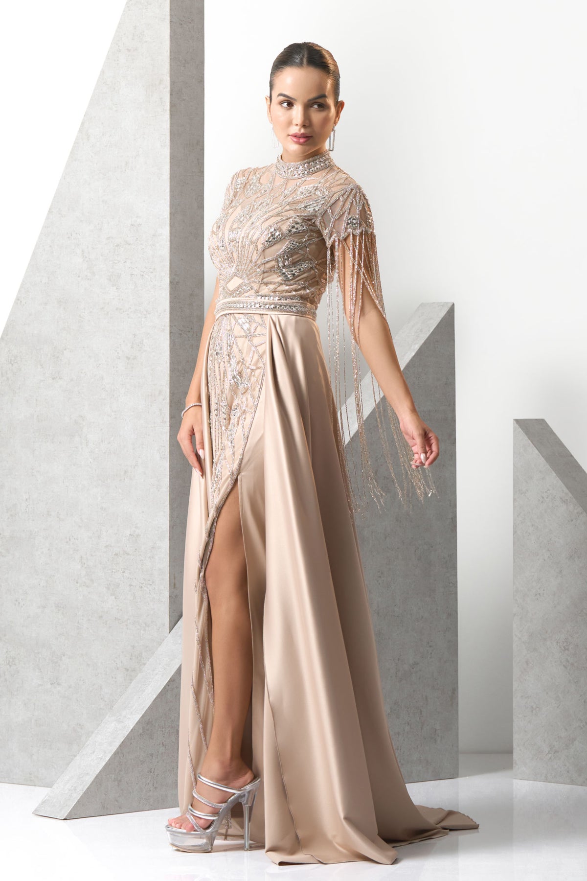 Peach Embroidery Princess Evening Gown