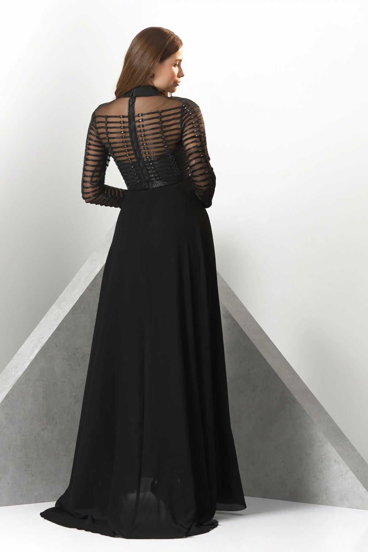 Collared High Slit Evening Gown