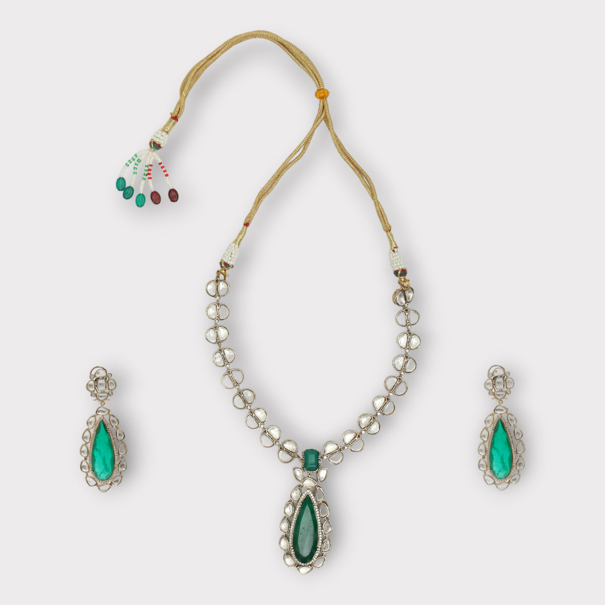 Polki &amp; Green Beaded Necklace Set