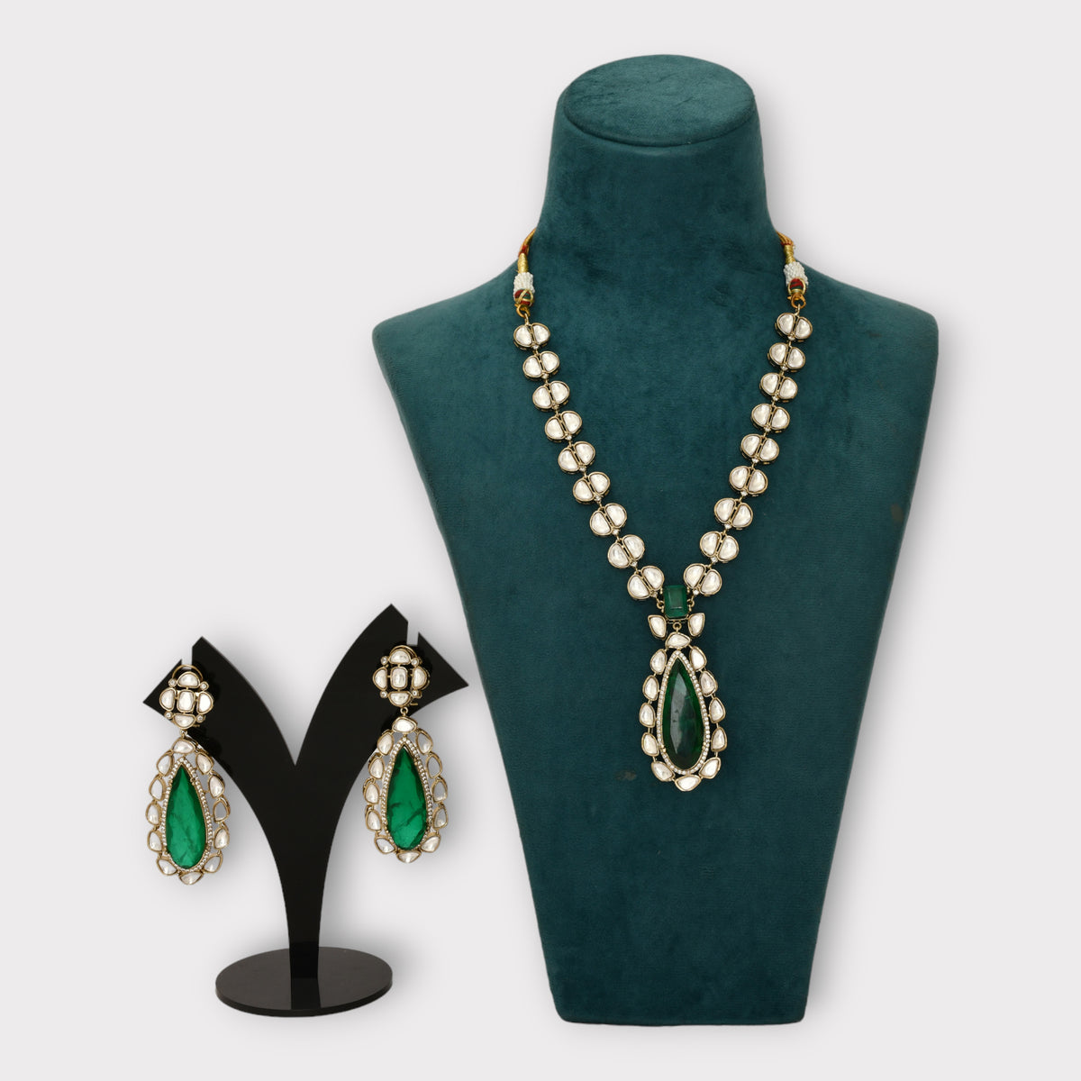 Polki &amp; Green Beaded Necklace Set